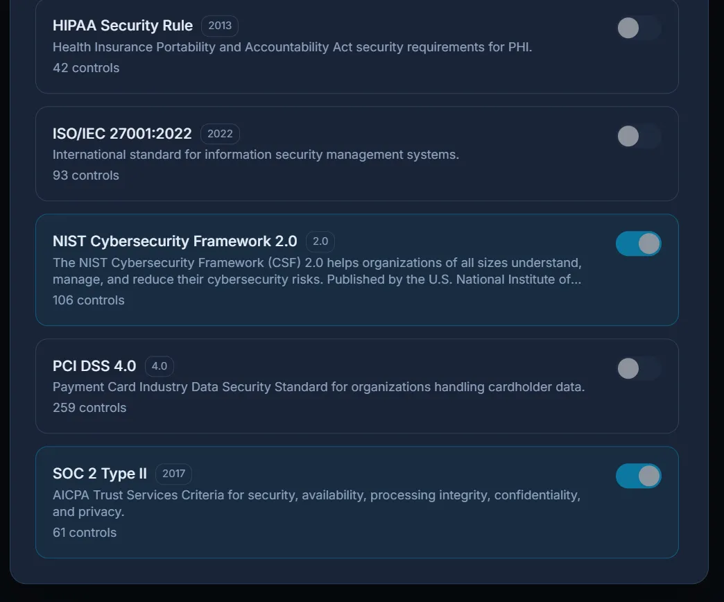 Seeded compliance frameworks